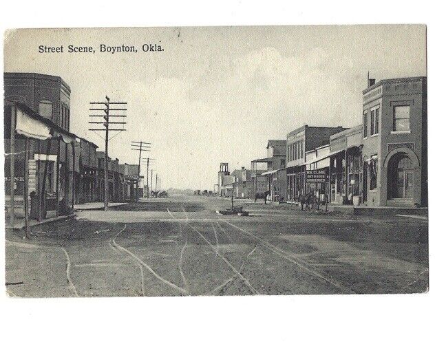 c1912 Street Scene Bank Grocery Store Horses Boynton Oklahoma OK Postcard RARE