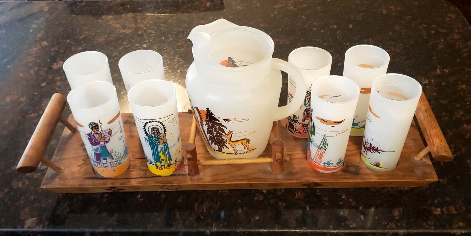 1959 Oklahoma Indian Souvenir Knox Gas ACEE BLUE EAGLE 8-Tumblers Pitcher & Tray