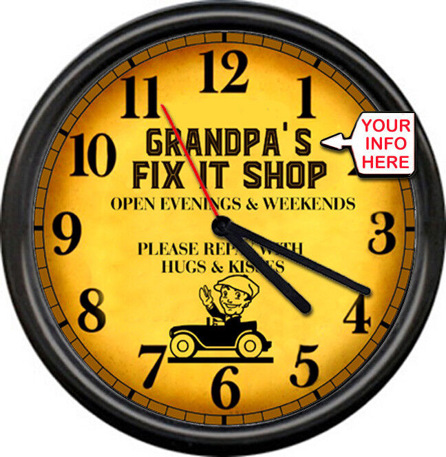 Grandpa's Dad's Pop's Fix It Shop Gift Garage Repair Auto Retro Sign Wall Clock