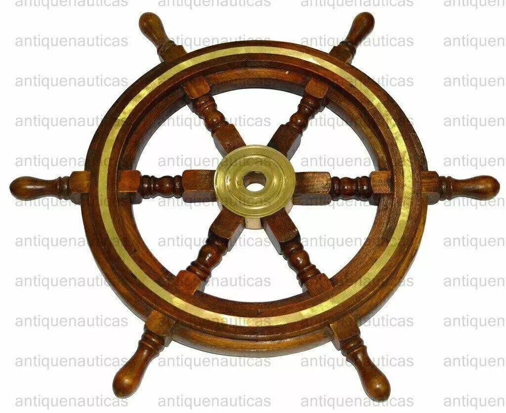 Wooden SHIP WHEEL 18 Inch Brass Nautical Collectible Wall Decor Vintage Brown