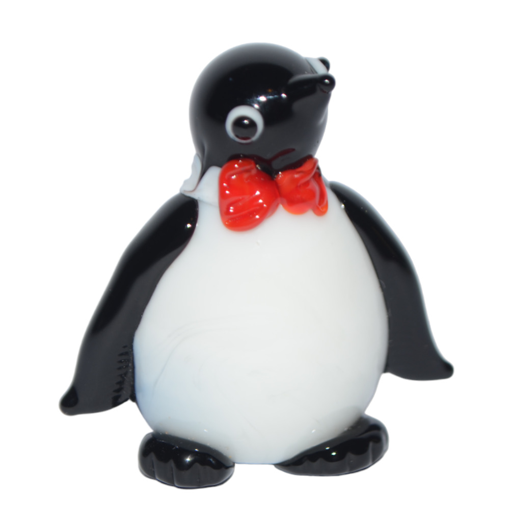 Vtg Glass Penguin Figurine Red Bow Tie Mini Black White Mini 1.5\