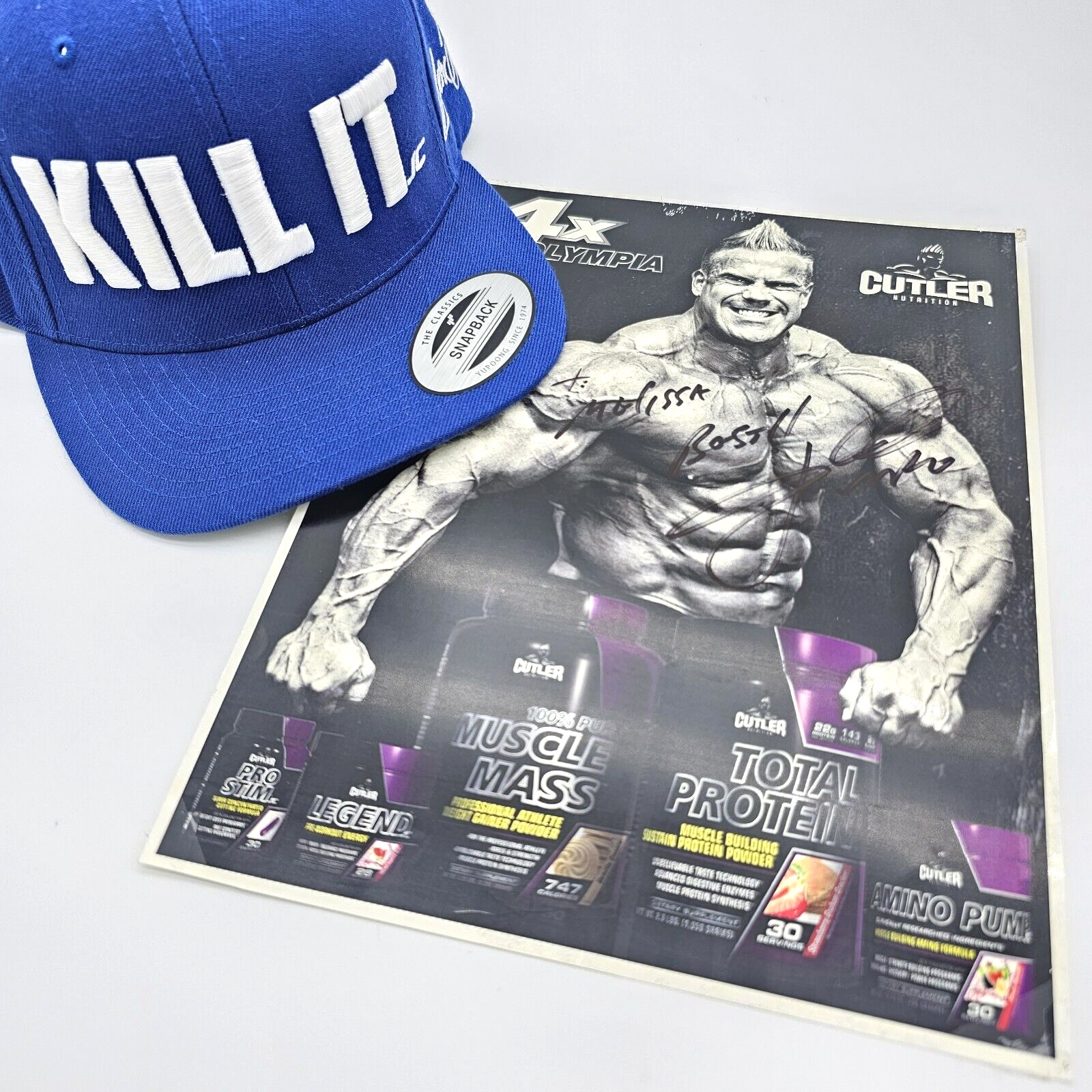 Mr. Oylmpia Jay Cutler Bodybuilder Signed Kill It Snap Back Blue Hat & Poster