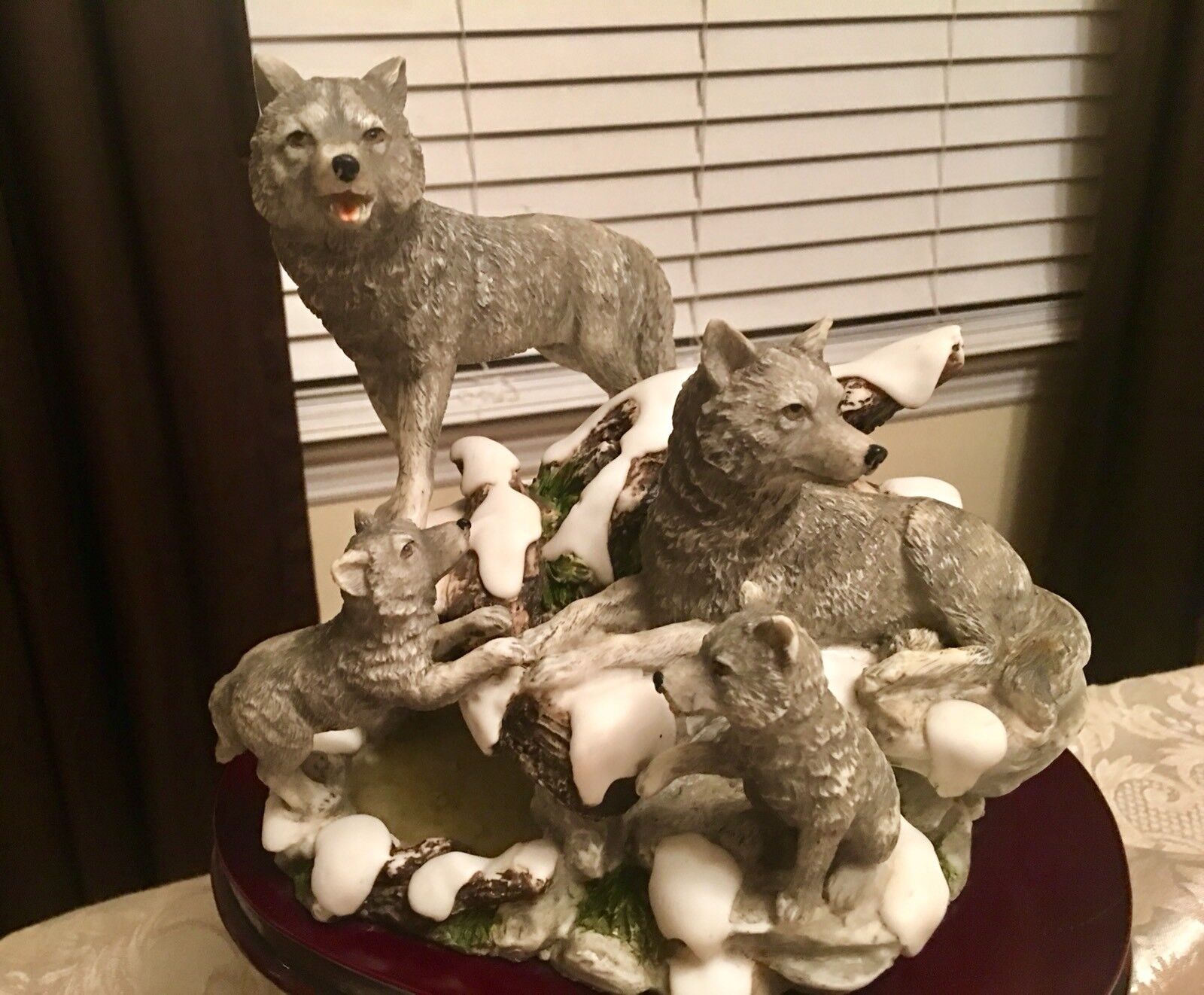 Beautiful Wolf Wolves Pups Family Den Sculpture On Wood Base