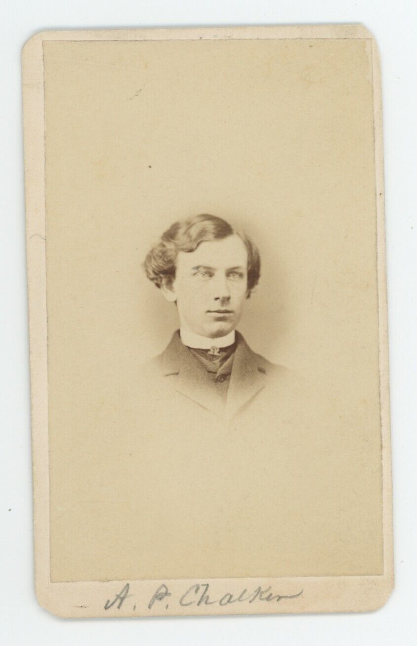 Antique ID'd CDV Circa 1860s Handsome Young Man Named A.P. Chalker Wavy Hair