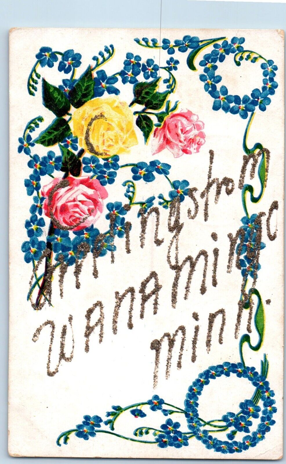 Wanamingo Minnesota MN Postcard Greetings Flowers Glitter Boarder 1905 Unposted