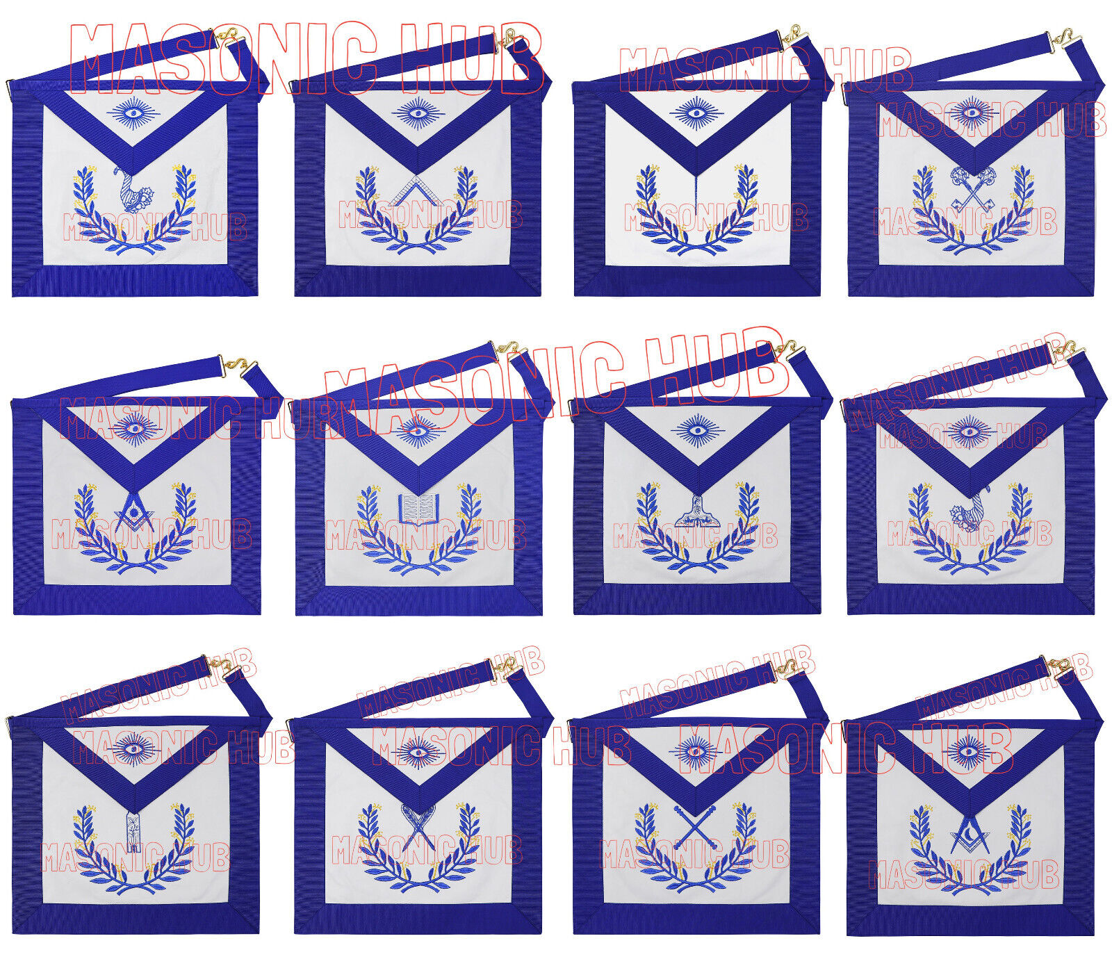 100% Lambskin Blue Lodge Officer Apron Collection -  A Set of 12 for the Elite