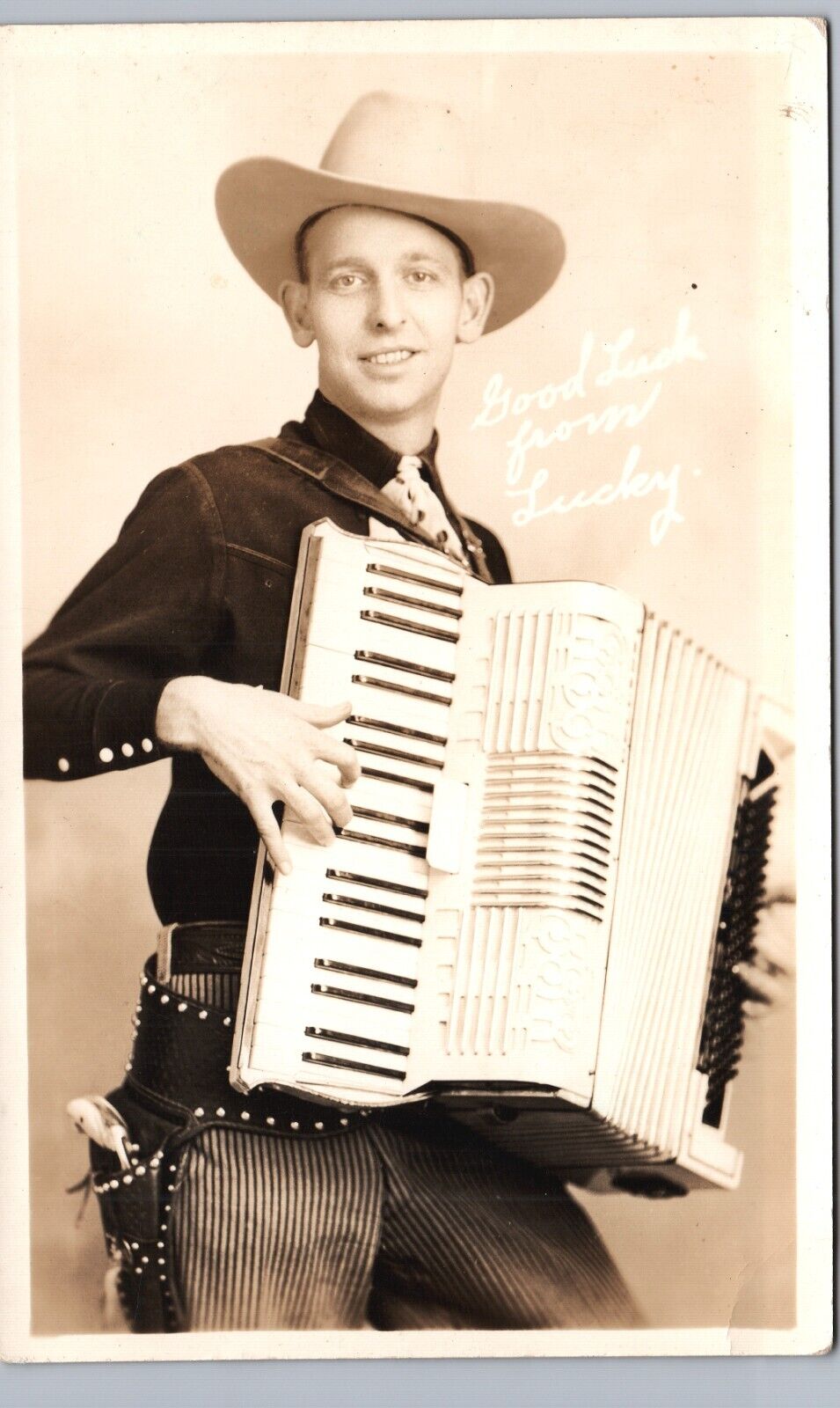 COWBOY ACCORDION LUCKY LANG real photo postcard rppc country music history