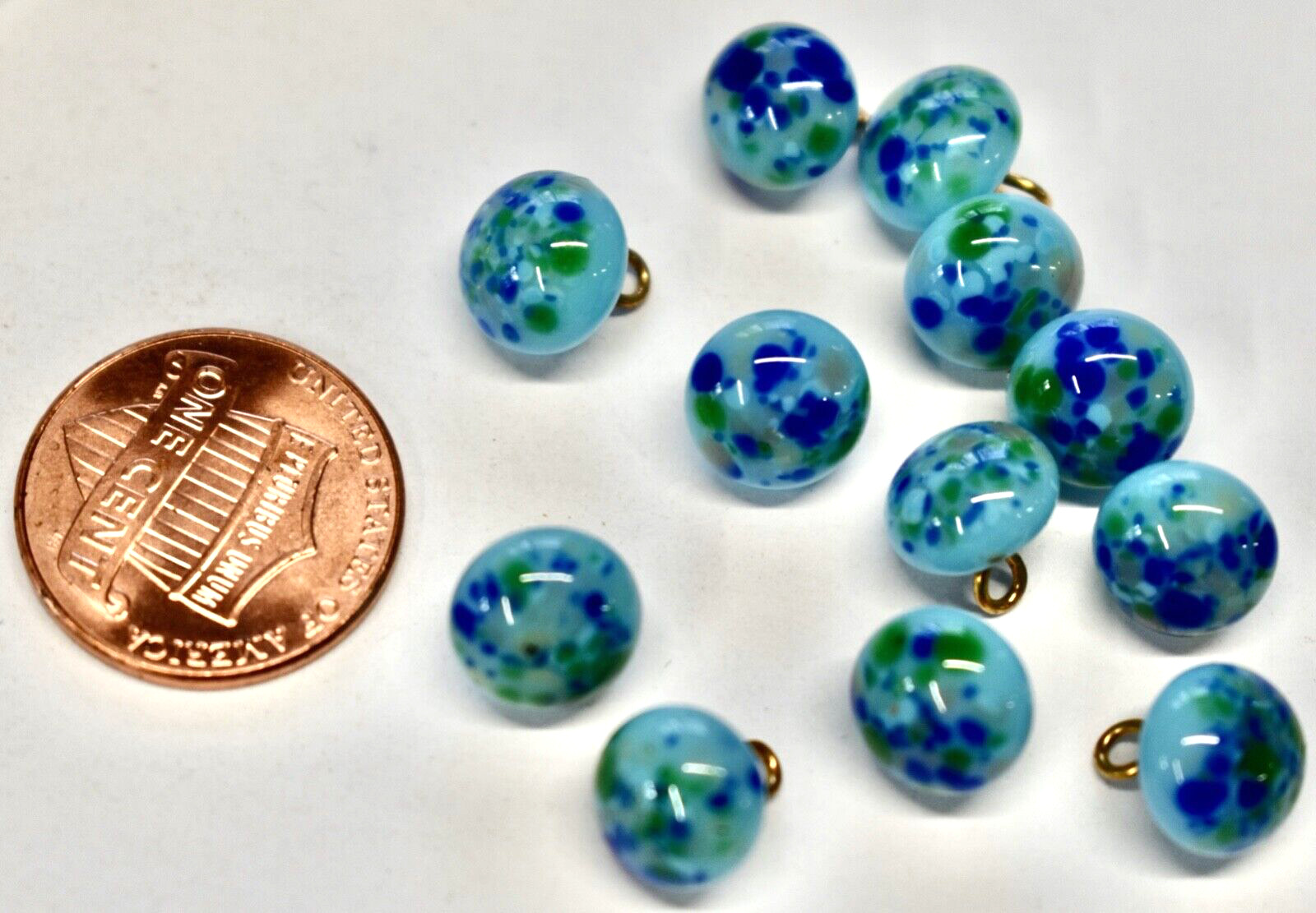 VINTAGE TURQUOISE millefiore BUTTONS JAPANESE GLASS BEADS • 9mm  BLUE FLORAL