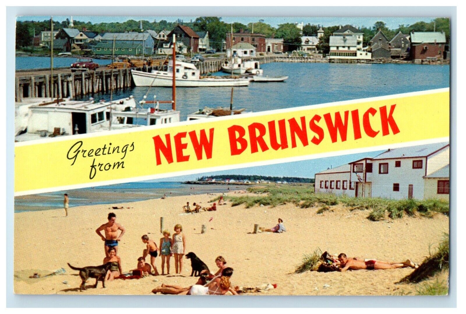 1958 Greetings From New Brunswick Canada Banner Split View Vintage Postcard