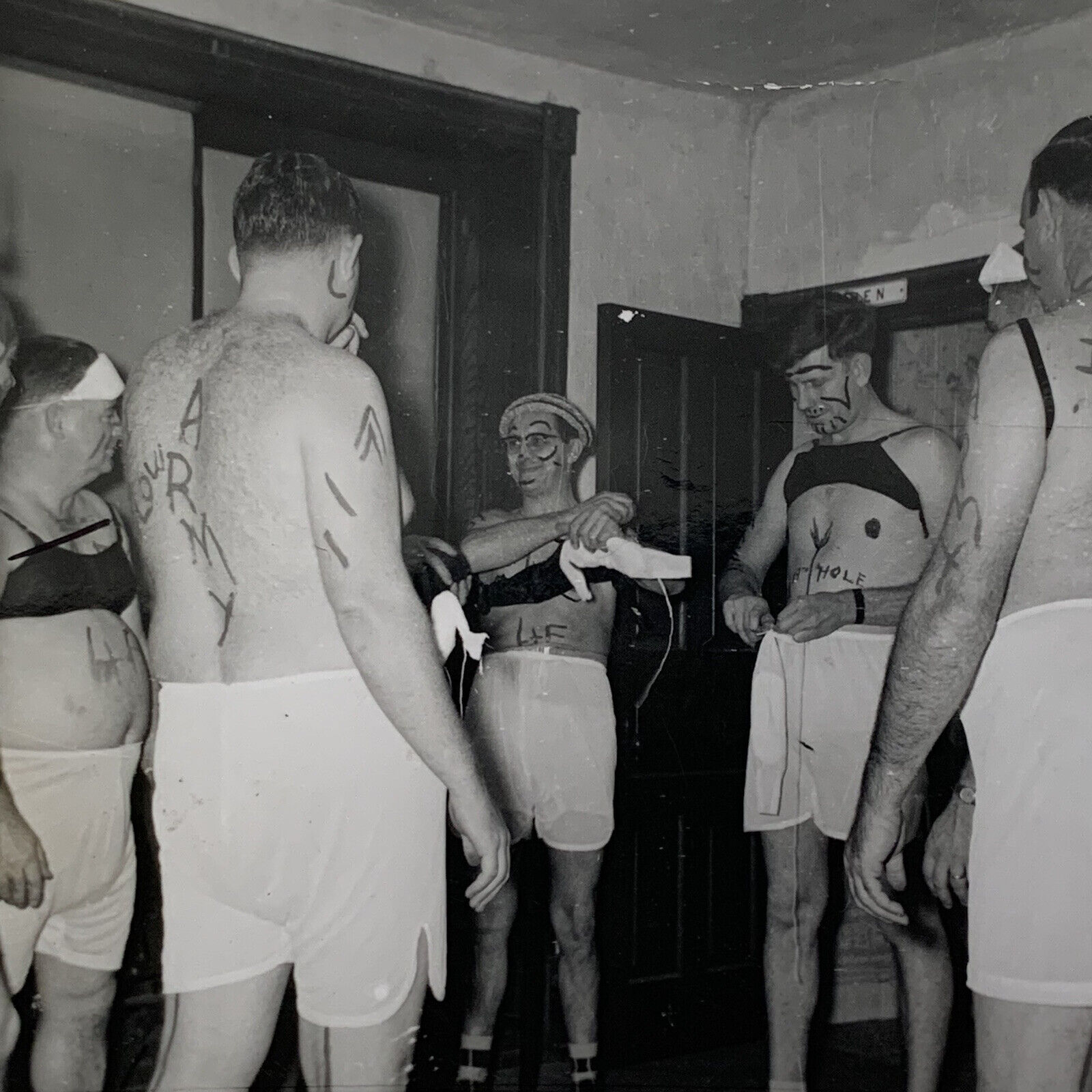 Vintage B&W Snapshot Photograph Man Men Army College Hazing Underwear Gay Int