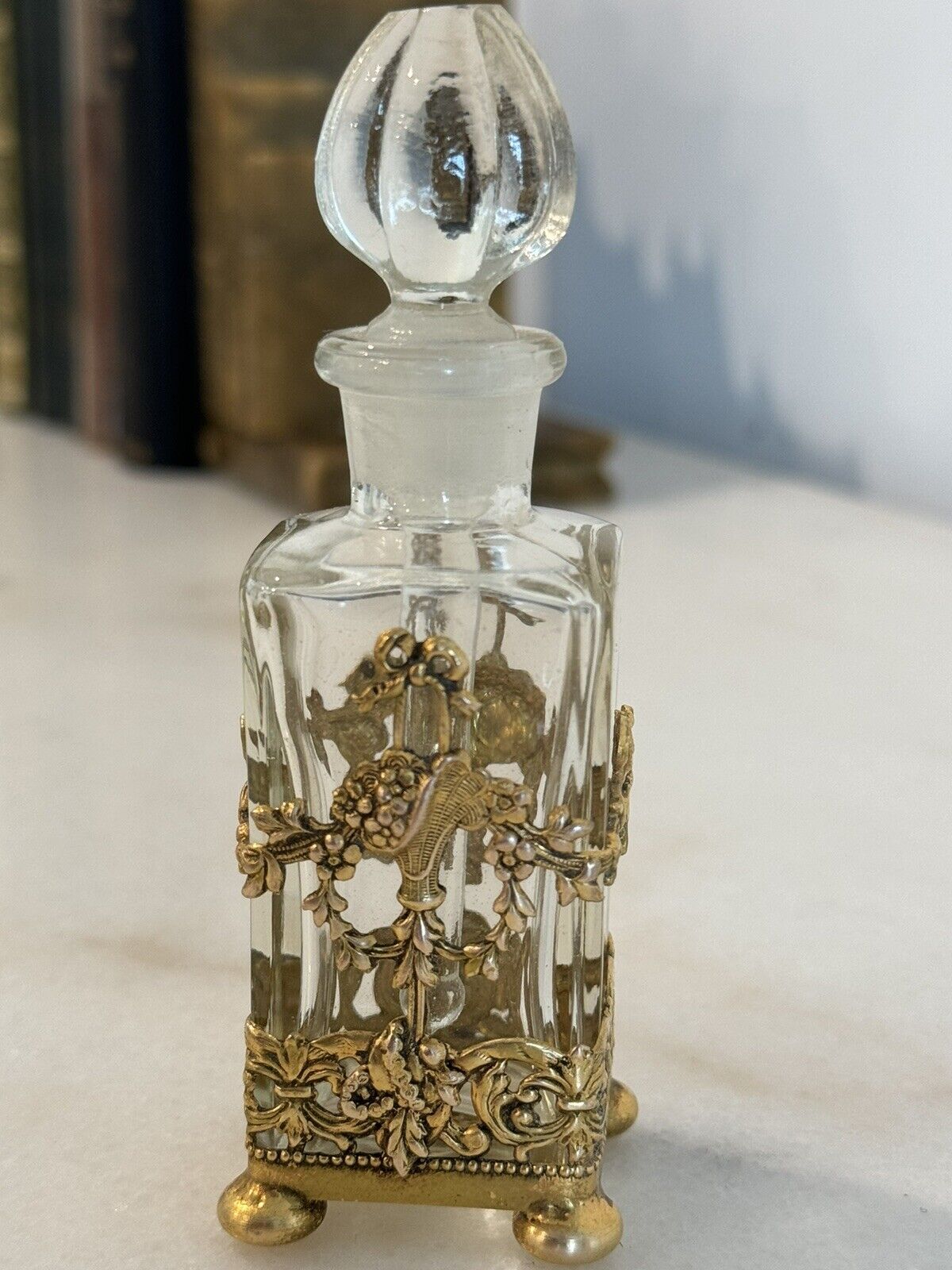 Antique Apollo Gold Gilt Ormolu Filigree Glass Perfume Bottle With Stopper 1920