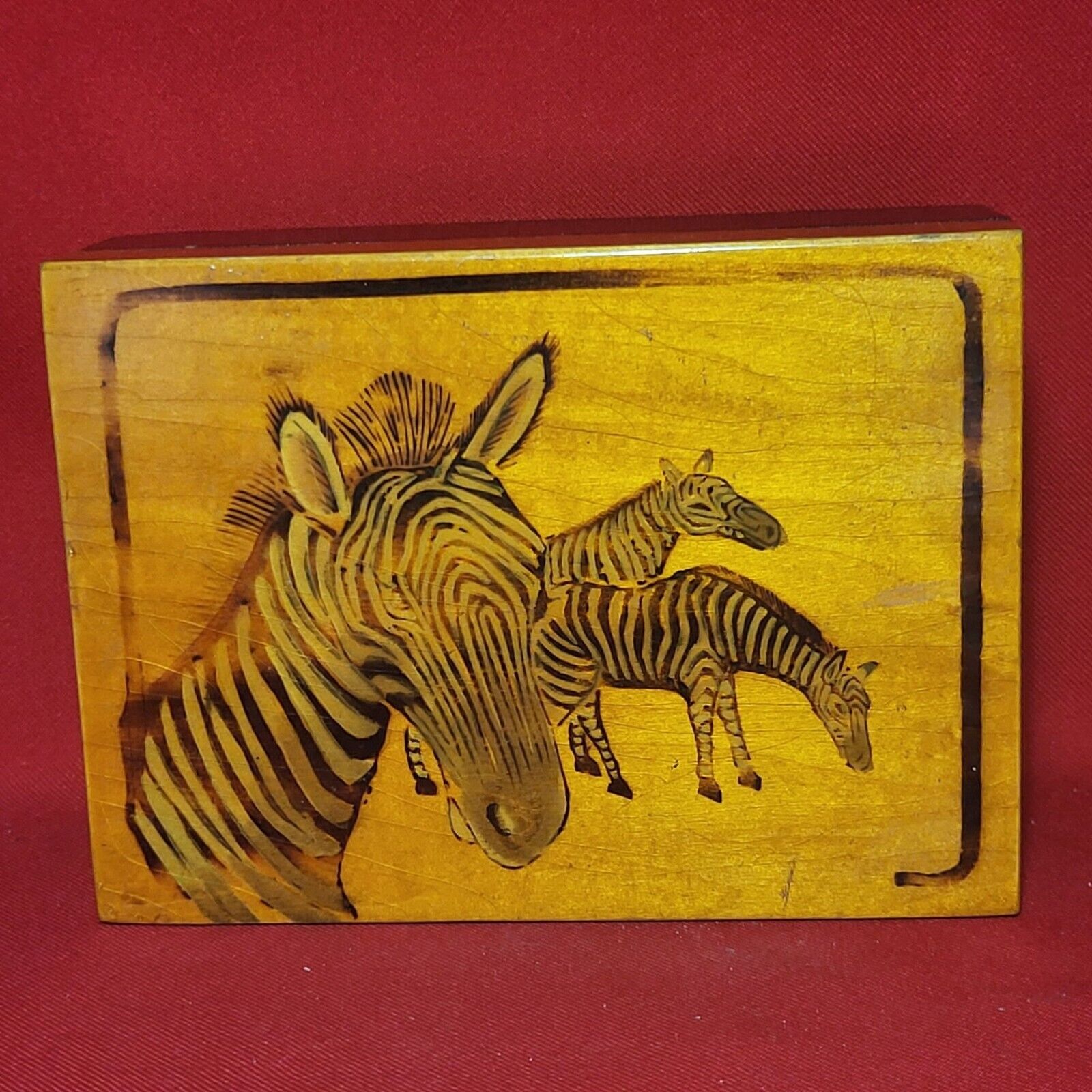 Vintage Hand Painted Wooden Zebra Trinket Jewelry Box