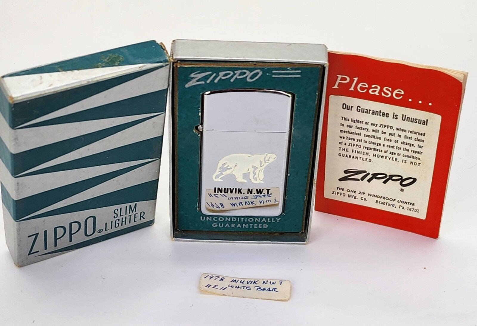 Vintage Zippo 1978 Inuvik NWT Town Polar Bear Canada Slim Lighter Original Box