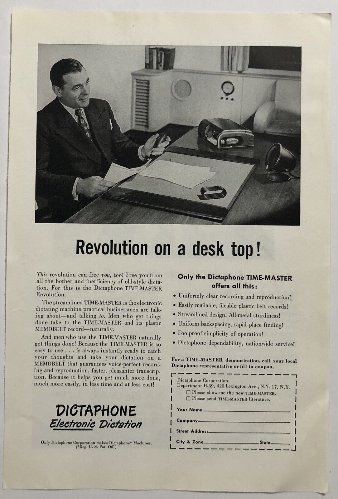 Vintage 1949 Original Print Ad Full Page - Dictaphone Electronic Dictation