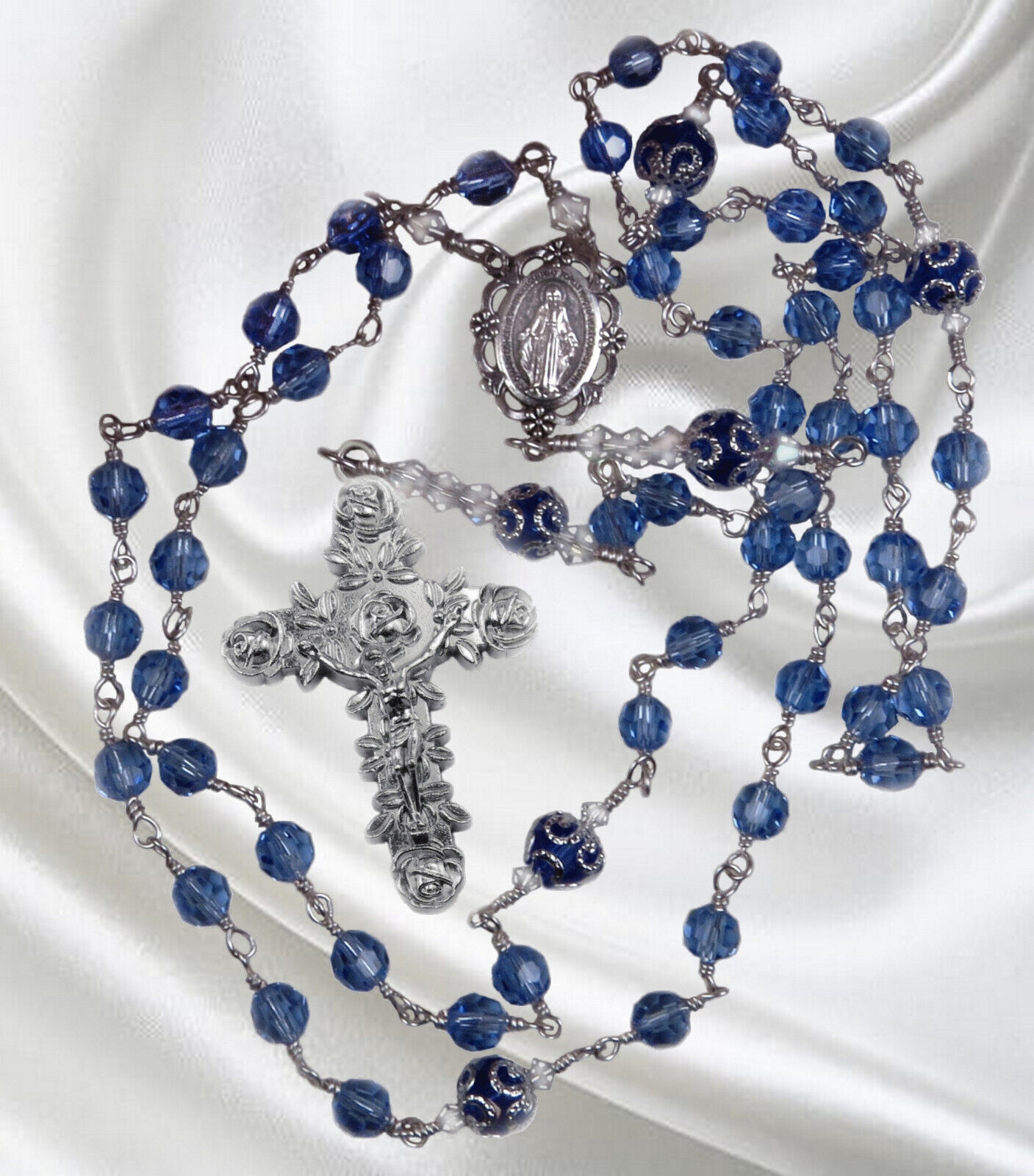 Unbreakable Handmade Catholic Rosary Czech Crystal Sapphire Ornate Rose Crucifix