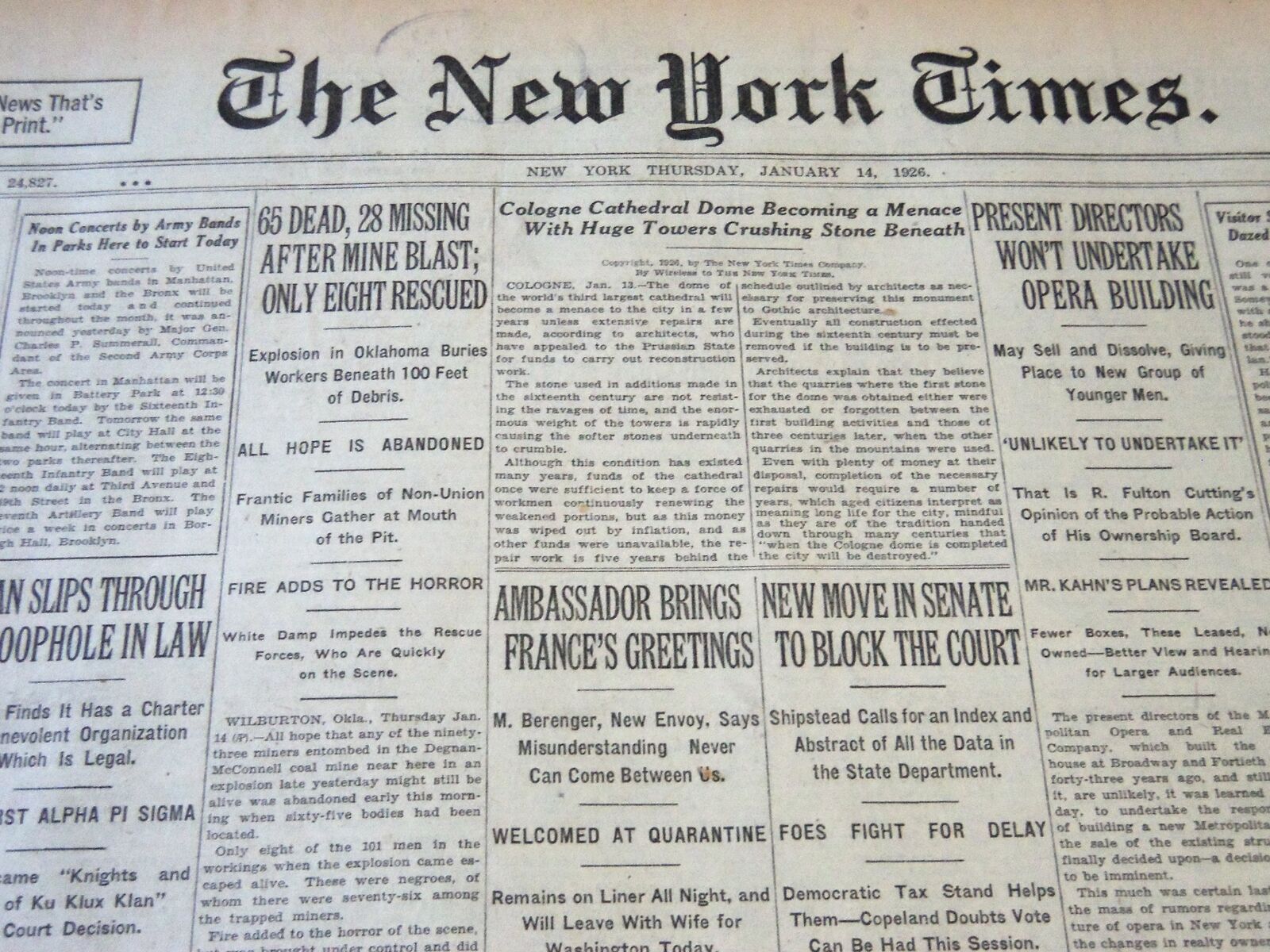 1926 JANUARY 14 NEW YORK TIMES - OKLAHOMA MINE BLAST KILLS 65 - NT 5674