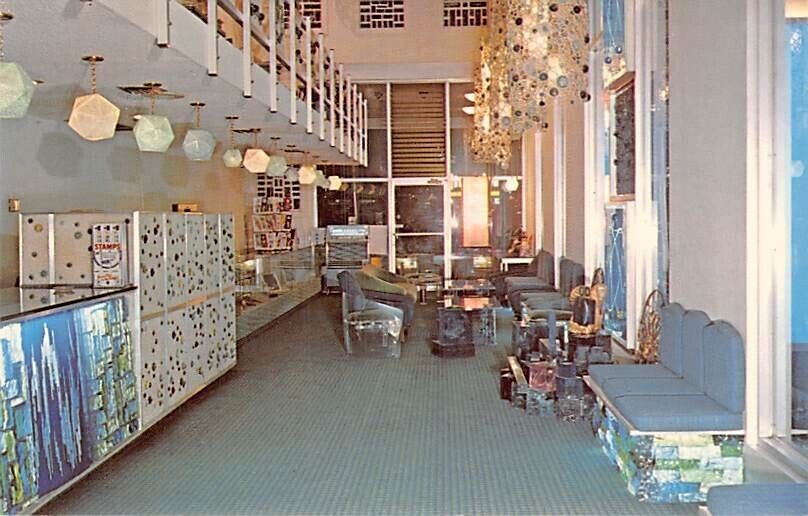 Postcard CA: Cosmic Age Lodge, Lobby, Near Disneyland, Anaheim, 1960's, Rare