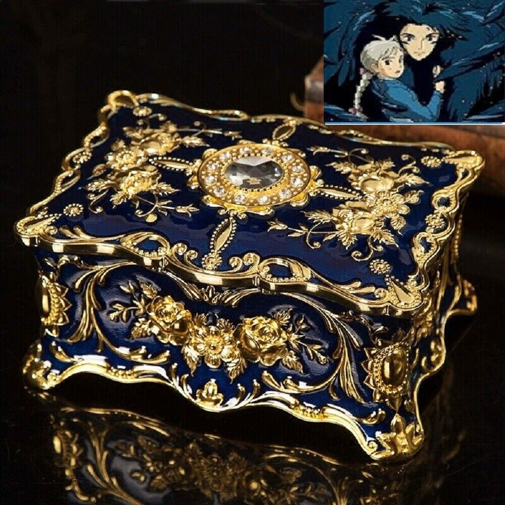 BLUE TIN ALLOY  RECTANGLE  MUSIC BOX   ♫  HOWLS MOVING CASTLE  ( HAVE VIDEO )