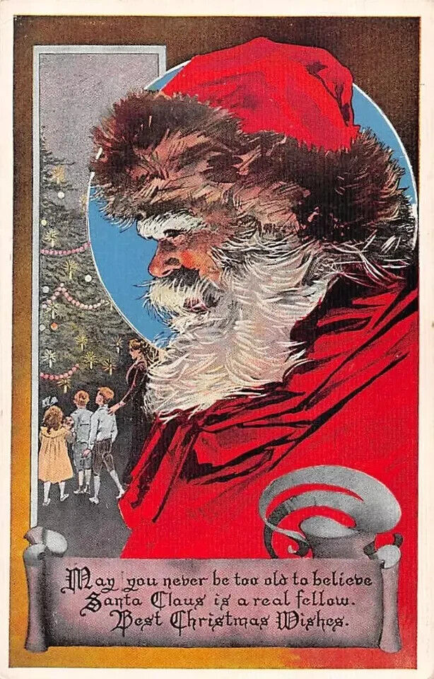 Full Face Santa Claus~Children~Mother~Tree~ Antique Christmas Postcard~k-271