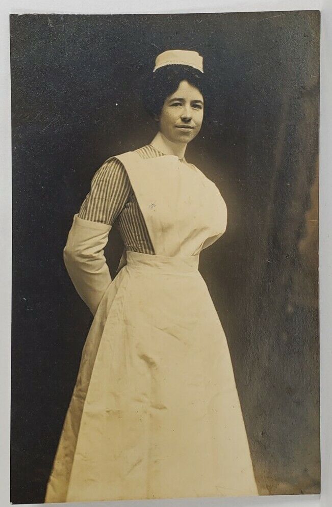 Nurse Lovely Woman Rppc Stripes with White Apron Possibly War Time Postcard S14
