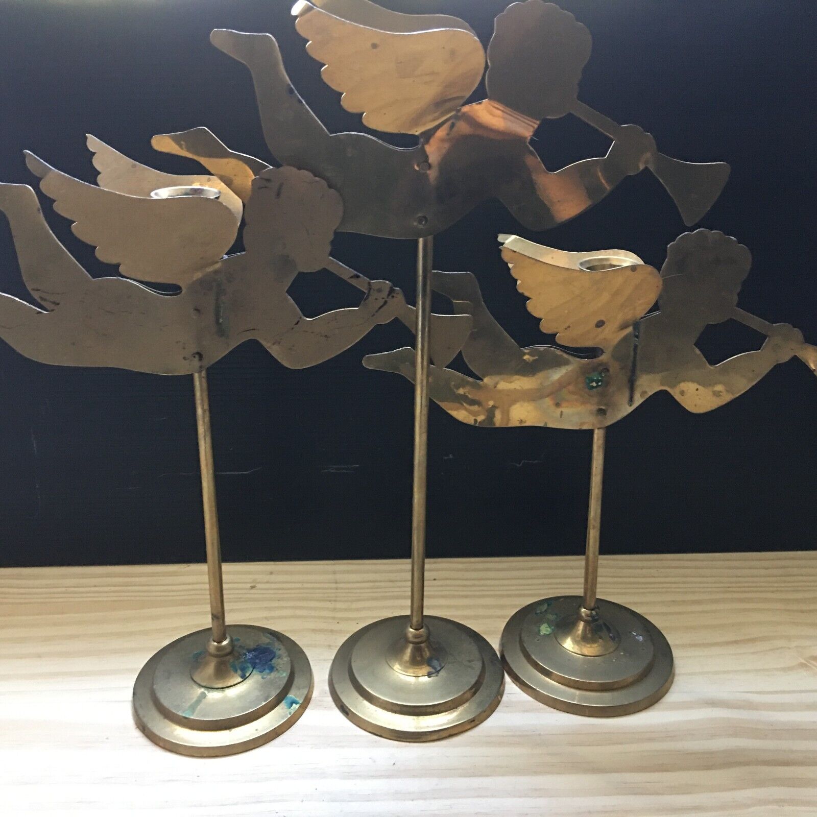 Vintage 1980s Brass Flying Angel Candle Holders Candlestick Display Set of 3