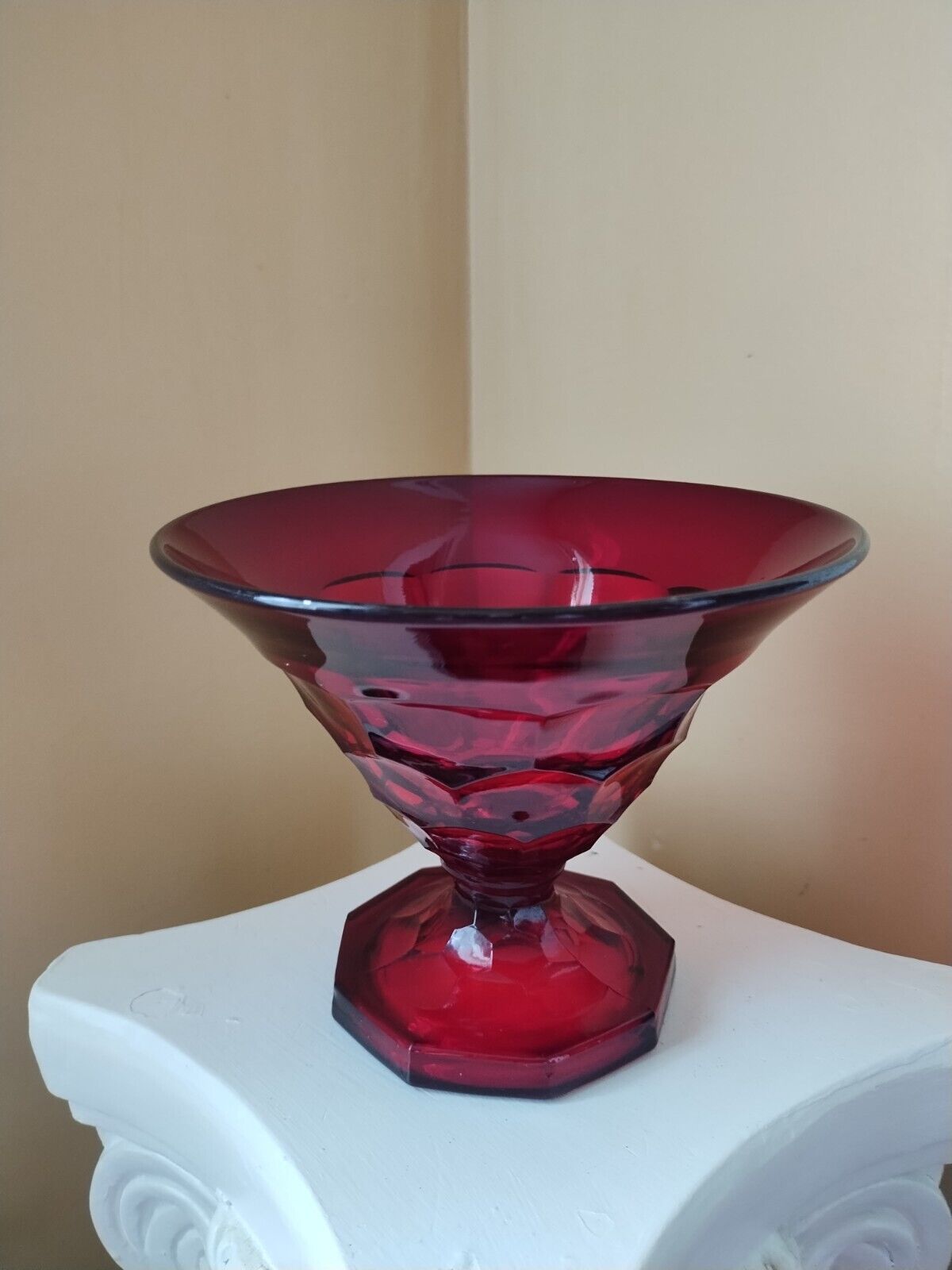 Vintage Viking Glass Georgian Ruby Red Honeycomb Flared Compote Vase