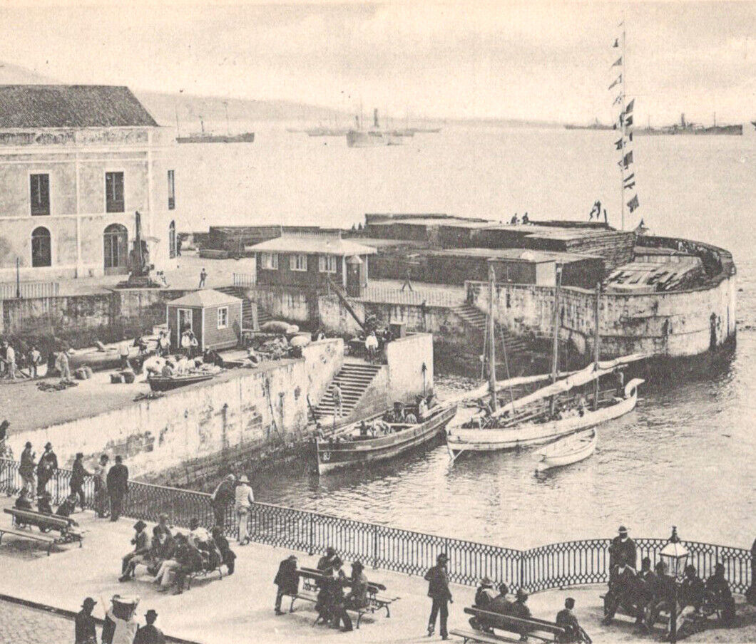 Antique 1907 Custom House Quay Of Penta Delgada Portugal Postcard