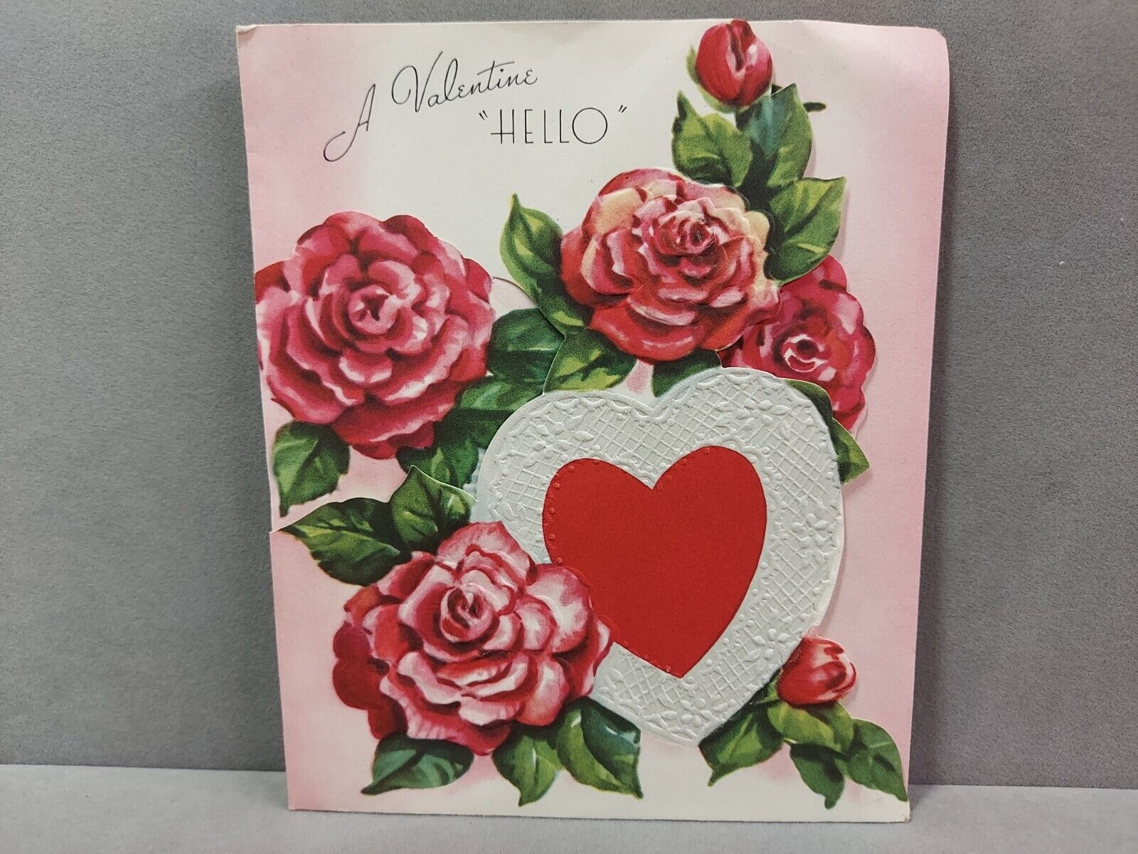 Vintage Embossed Valentines Day Card 1950s Warm Hello Fold Out Flowers Used