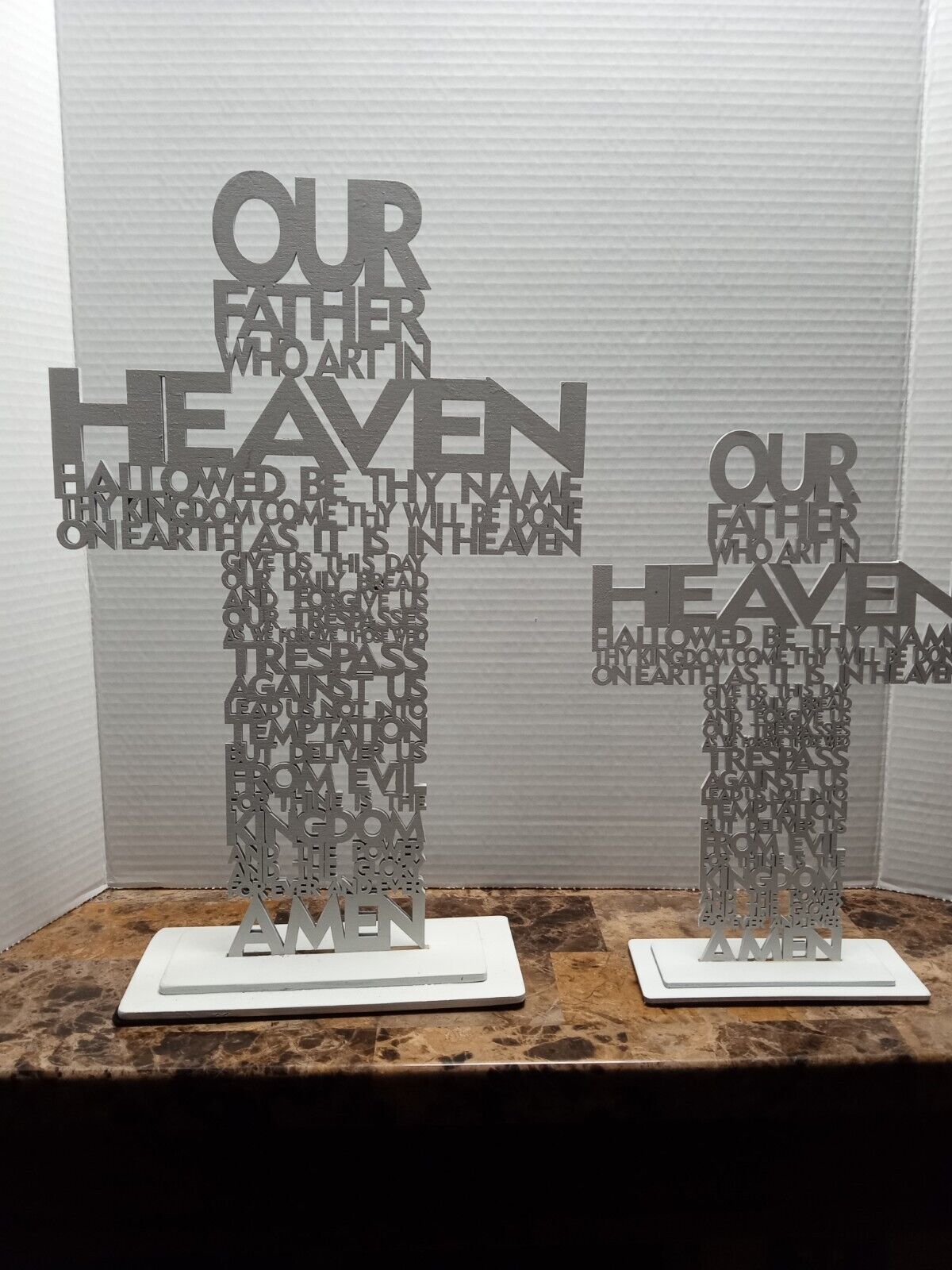 Our Lord's Prayer Pedestal Mount. Religious Wall Art Shaped Into A Cross (Large)