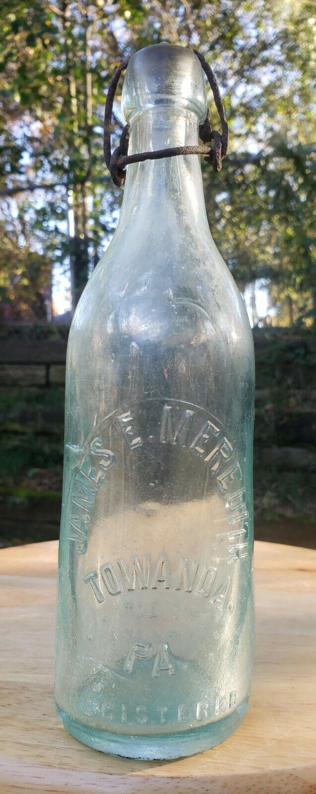 Antique James E Meredith Towanda PA Blob Top Soda Bottle w/ Wire Bail Closure