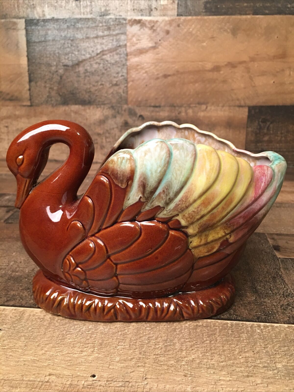 Swan Planter Brown Multi Color Drip Glaze 70’s Decor Collectible Made In  Japan