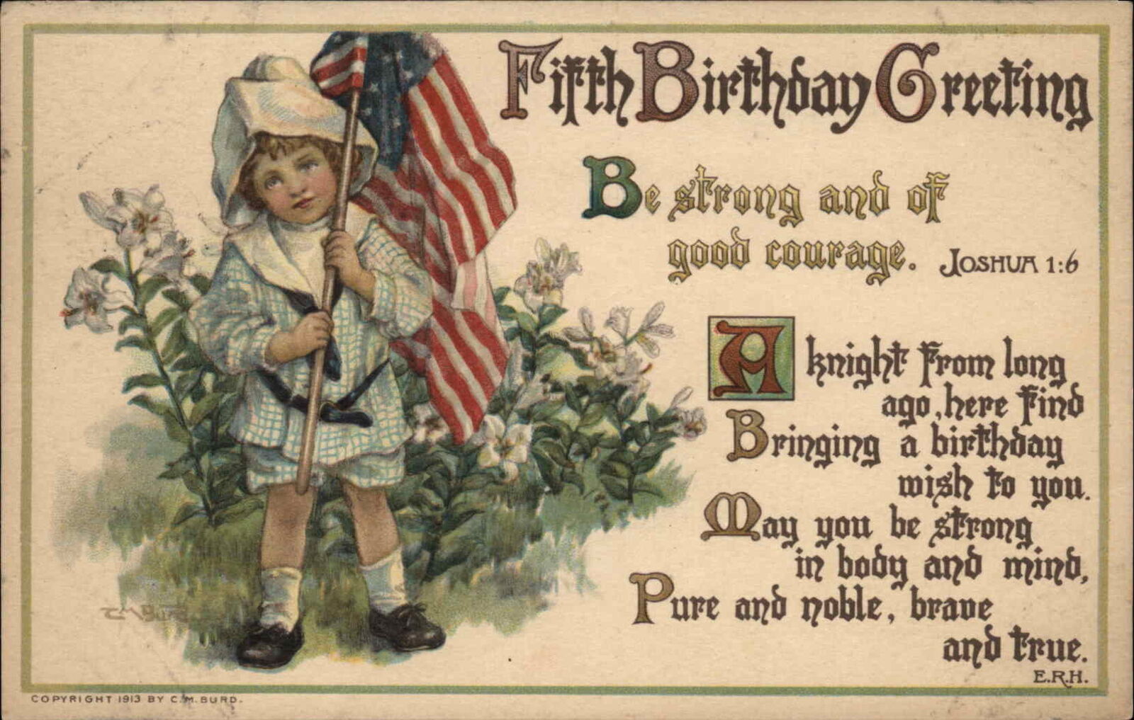 C.M. Burd WWI Fifth Birthday Patriotic Boy American Flag Vintage Postcard