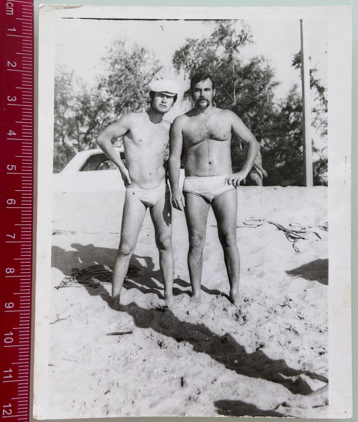Shirtless Couple Men Trunks Bulge Affectionate Guys Gay Interest Vintage Photo