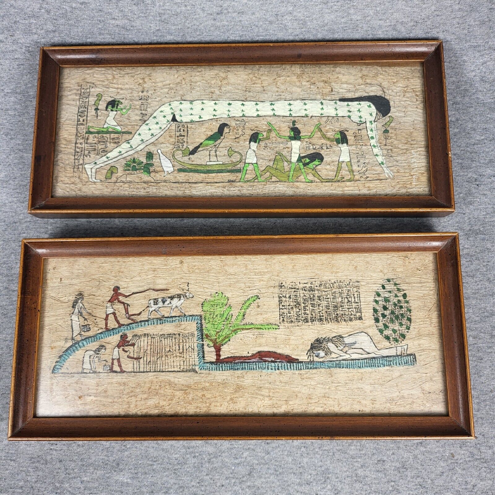 Vintage Egyptian Framed Painting Crocodile Scenes Papyrus Paper Female 