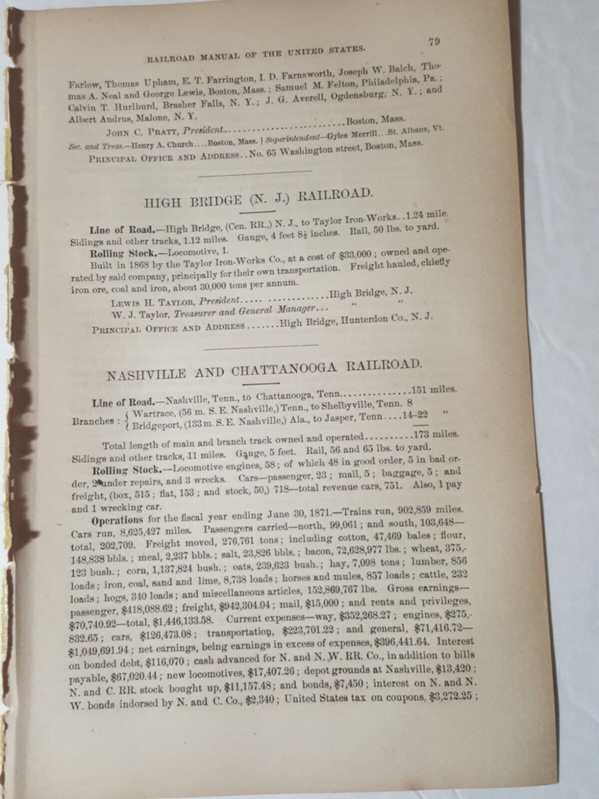1873 original train report NASHVILLE & CHATANOOGA RAILROAD Wartrace Jasper TN