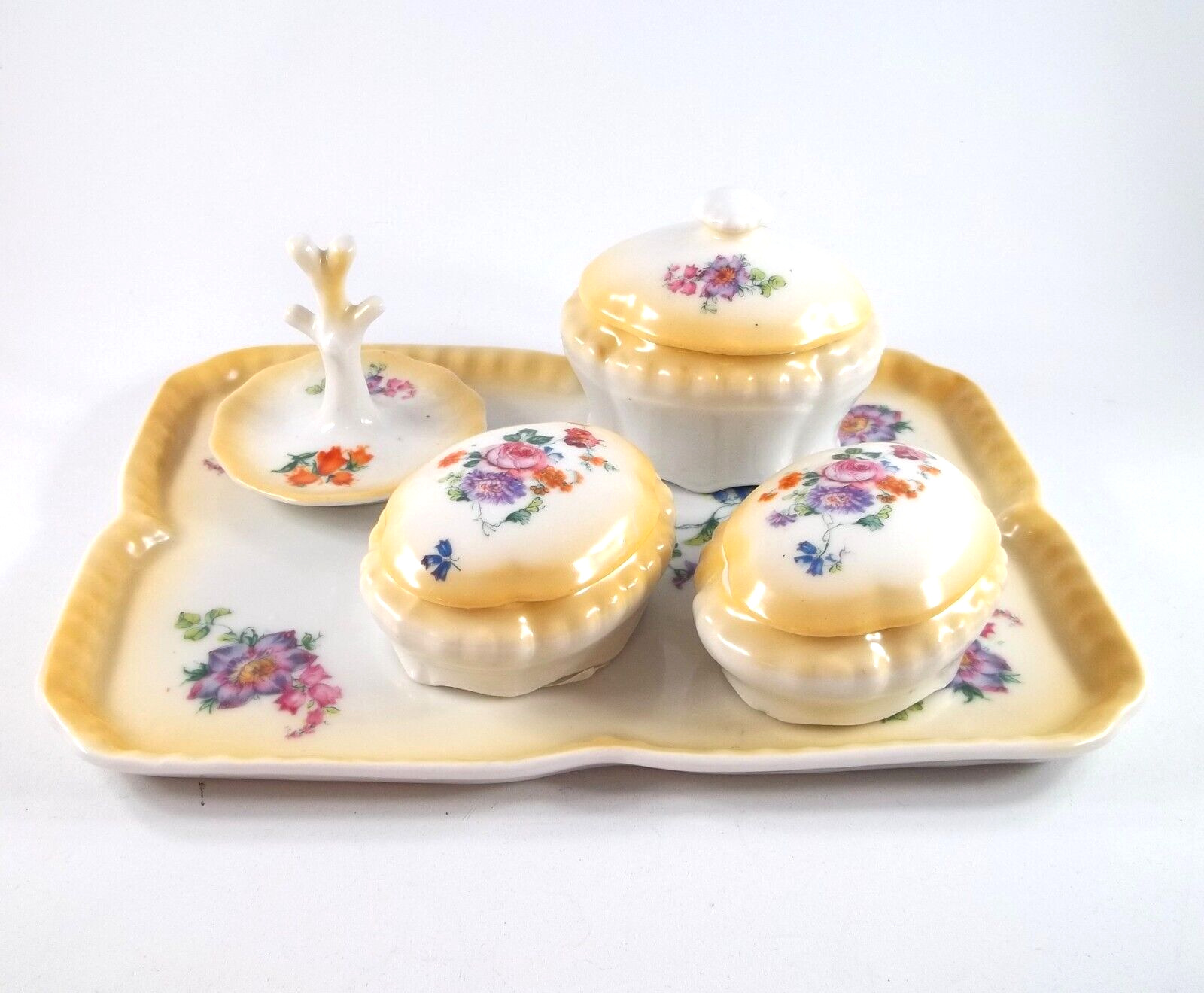 8 Piece Ceramic Vanity Set With Floral Decoration -  Tray,  Boxes, Ring Tree