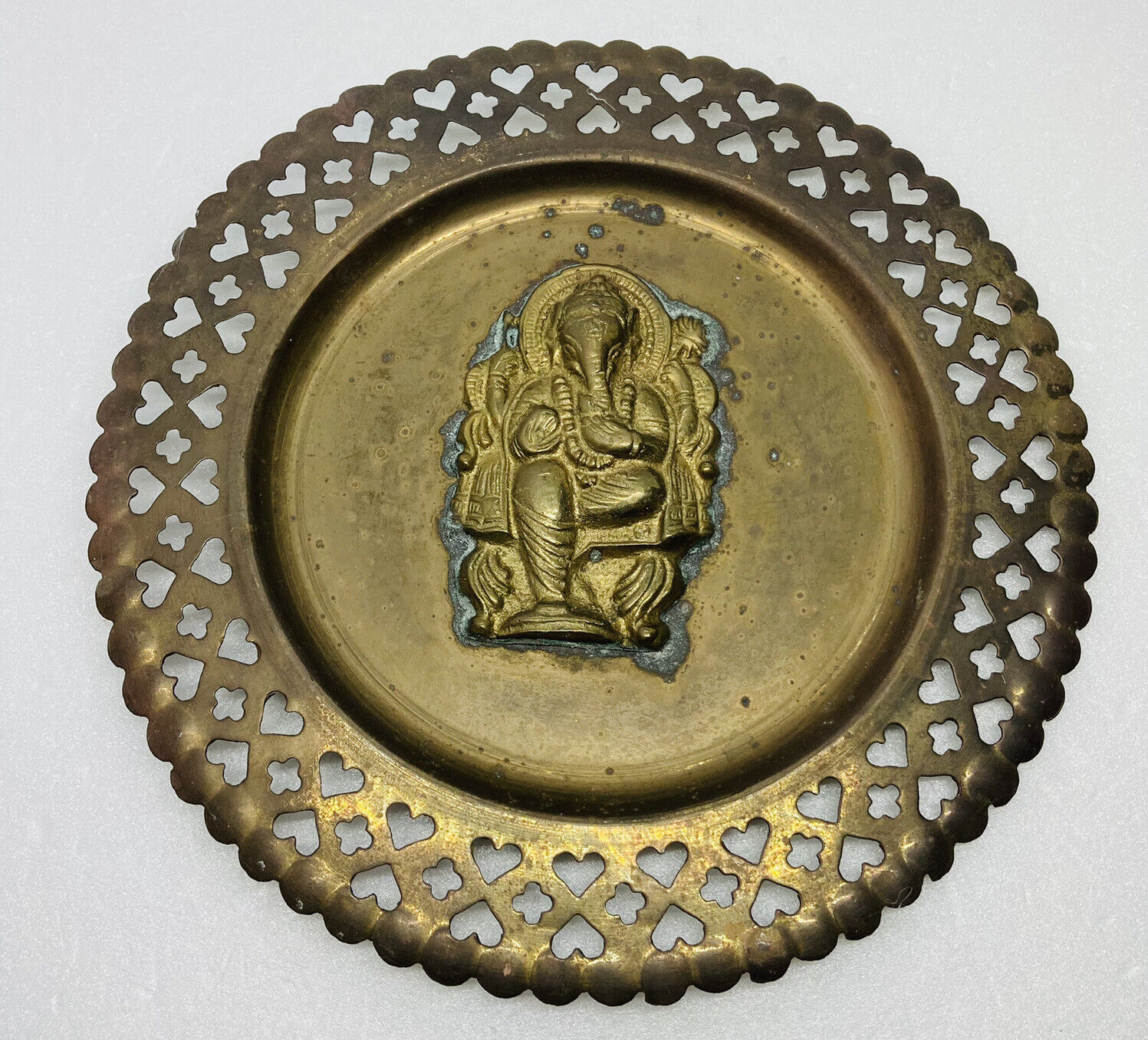 Vintage 1970s Ganesha Copper & Brass Wall Art Plate 8.5” Lucky Elephant God O