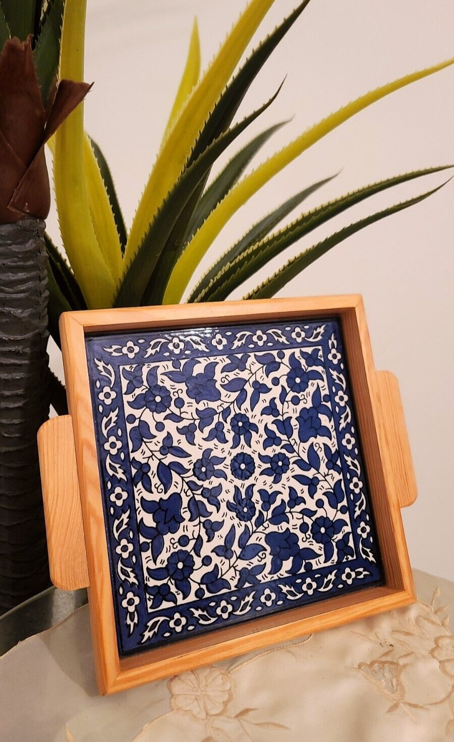 Hand Made Hand Painted Blue & White Ceramic Wood Tray