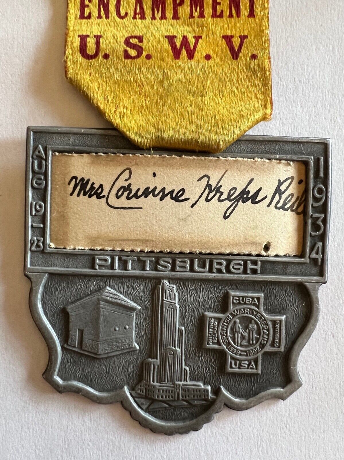 USWV United Spanish American War Veterans Medal Badge Named Female 1934 Vintage