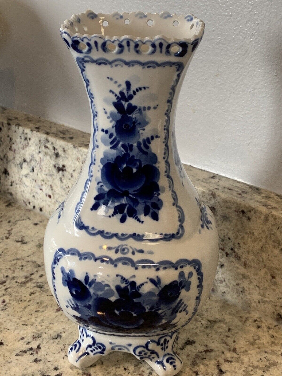 9” Gzhel Porcelain Vase, Blue Russian Handmade Ceramic Flowers Vase Beautiful