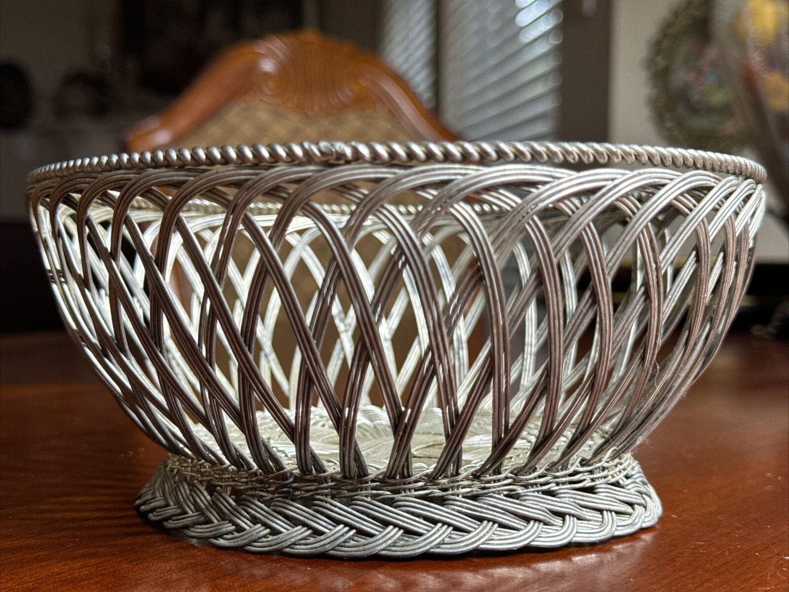 Vintage Woven Metal Basket 7.5” Diameter
