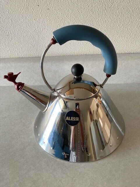 ALESSI MICHAEL GRAVES KETTLE W/RED BIRD WHISTLE, BLUE HANDLE ITALY 