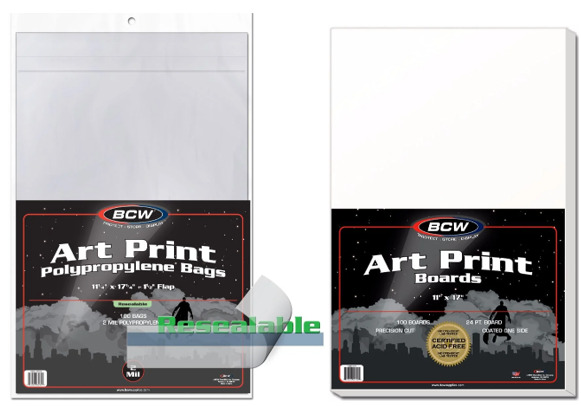 (50 pack) BCW 11X17 Art Print Bags (Resealable) and Boards, Acid Free, Archival