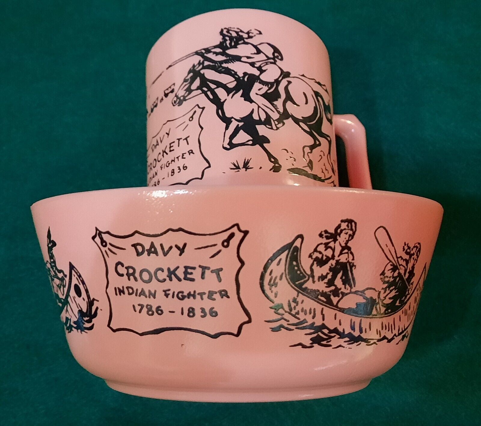 RARE 1950s Davy Crockett Hazel Atlas Platonite Pink Salmon Child Mug and Bowl jd