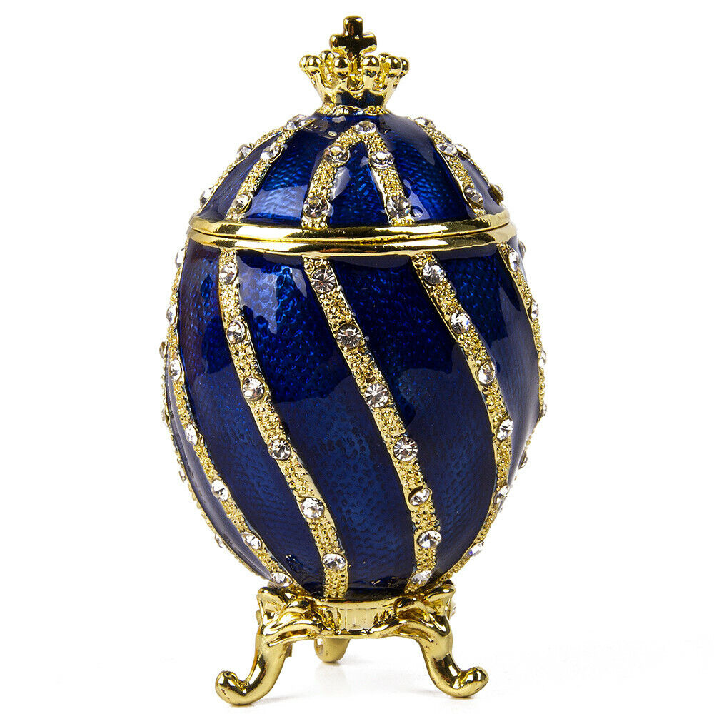 Blue Faberge Egg Replica w/Golden Crown Trinket Box, Easter Gift, 7.5 cm