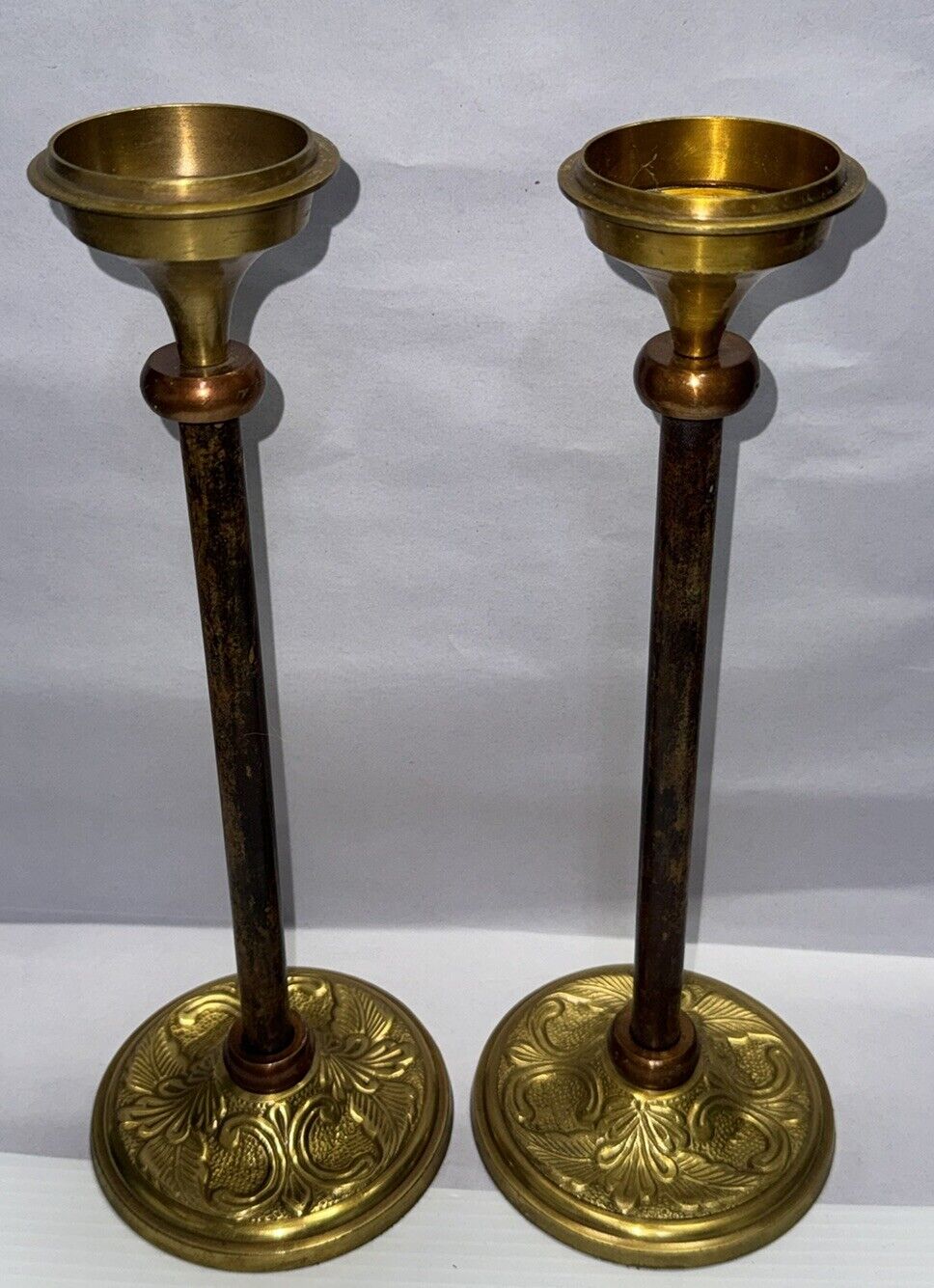 Pair Vintage Brass Pillar Candle Holders Ornate Pedestal 12” Tall India