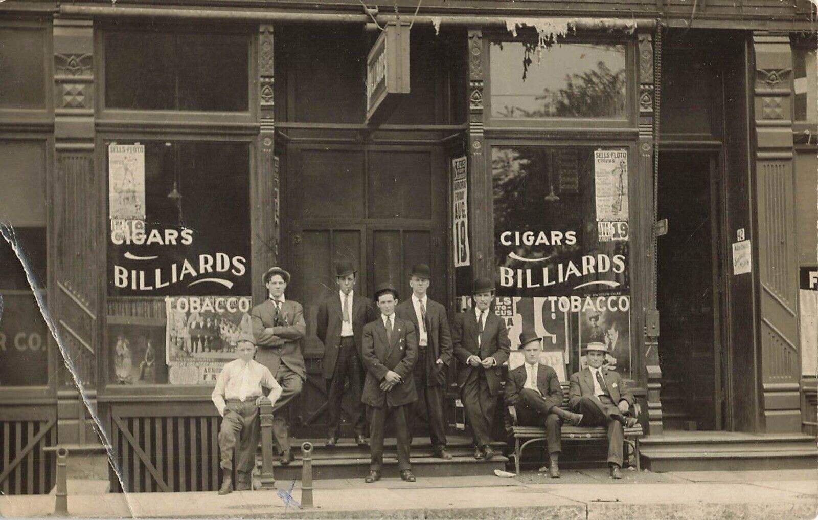 rare RPPC Aurora Illinois Cigar & Billiards Hall Circus Magic poster in window