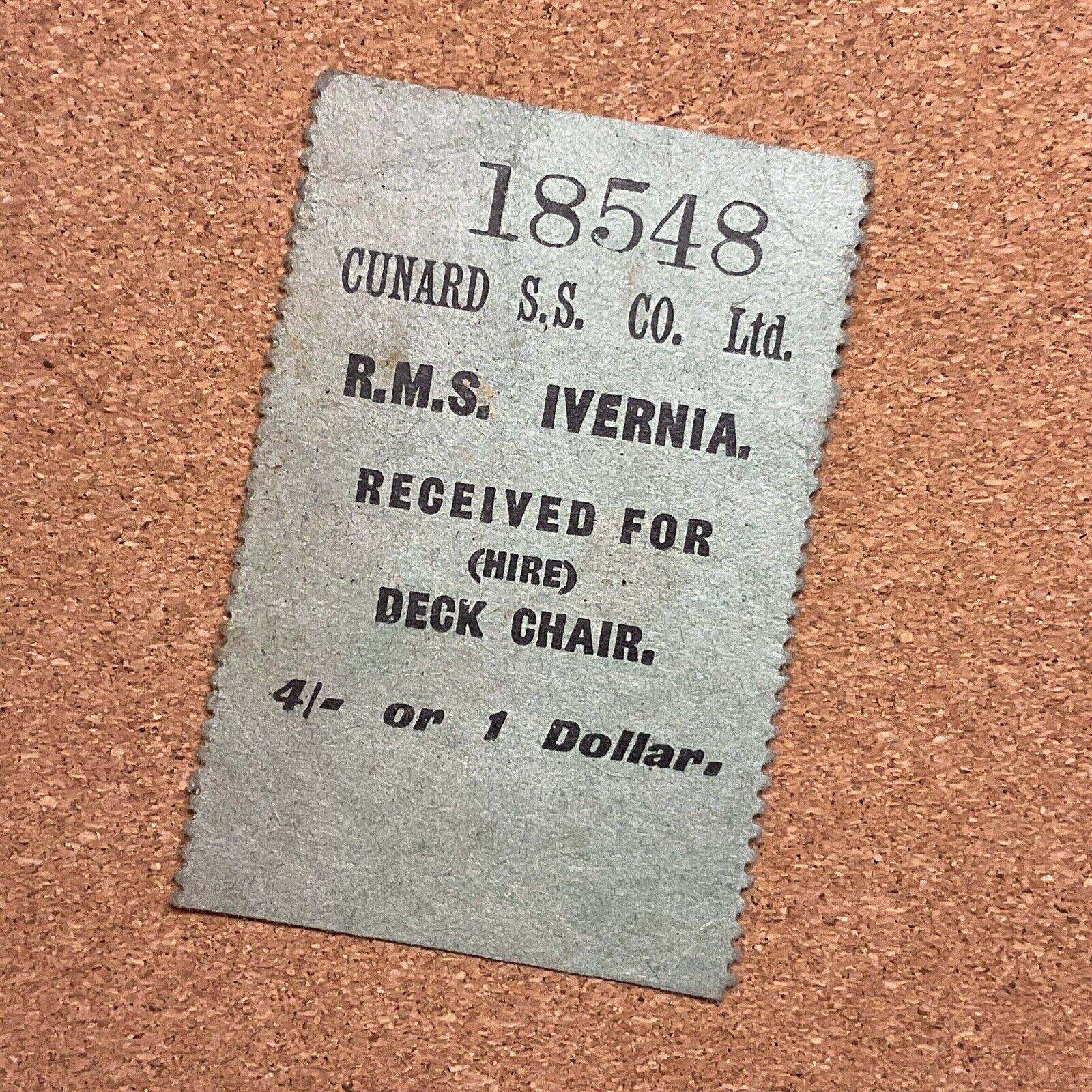 RMS IVERNIA Cunard Lines Deck Chair Ticket. 1950’s Vintage Antique Cruise Ship