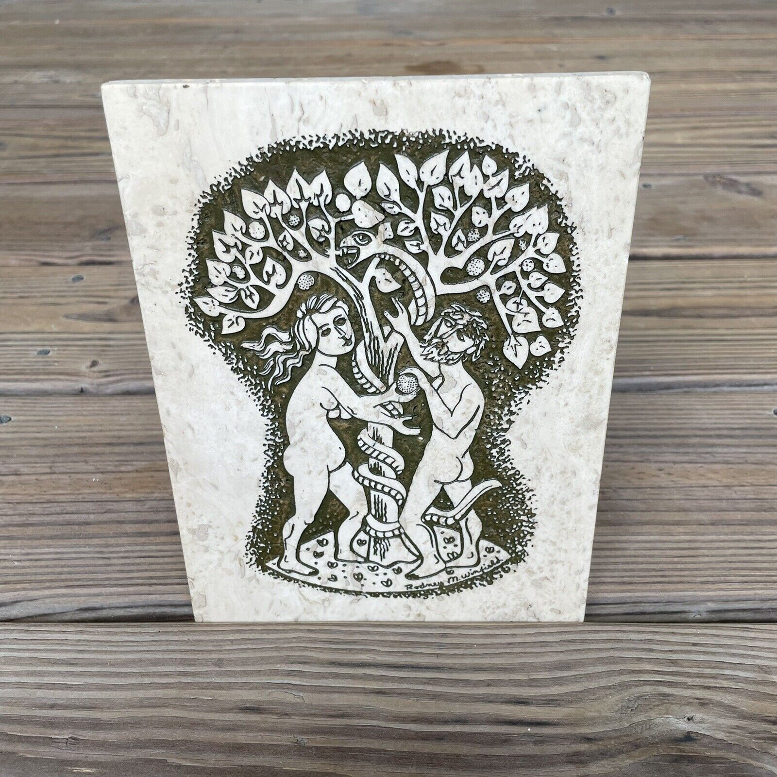 VTG illi Rodney Winfield Adam & Eve Garden of Eden 8 x 6 Travertine Carved Stone