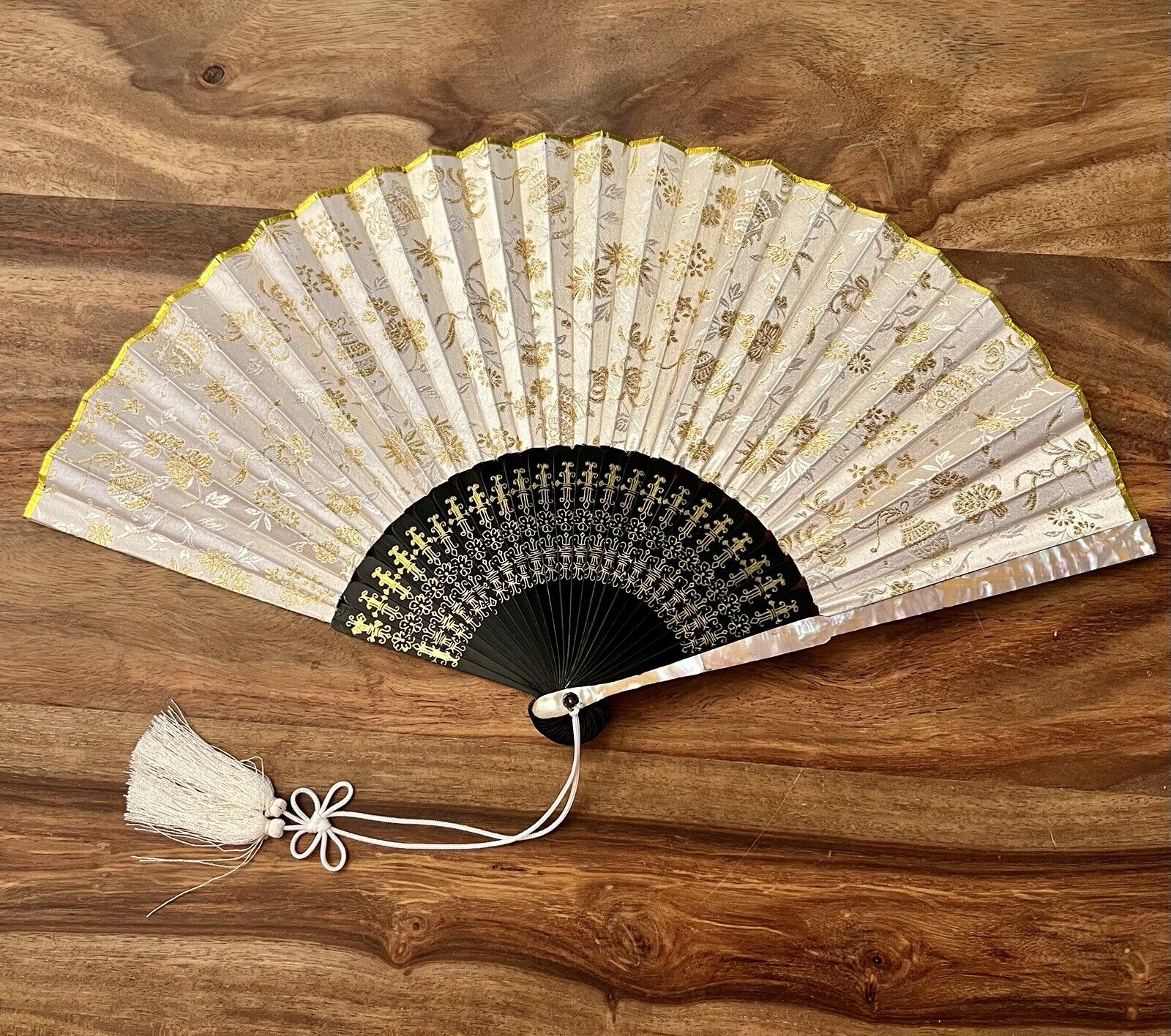 Vintage Asian Hand Fan Gold Mother Of Pearl